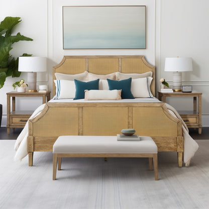 Lily Pond Woven Cane Queen Platform Bed Natural Wood Toasted Almond Finish 63x86 Inches Bed Frame