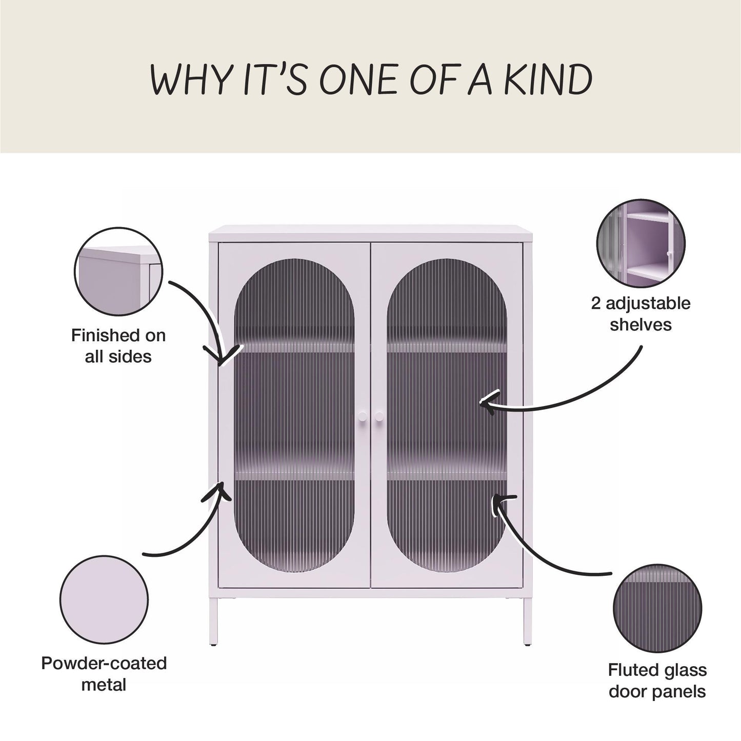 Luna Short 2-Door Metal Accent Cabinet with Fluted Glass