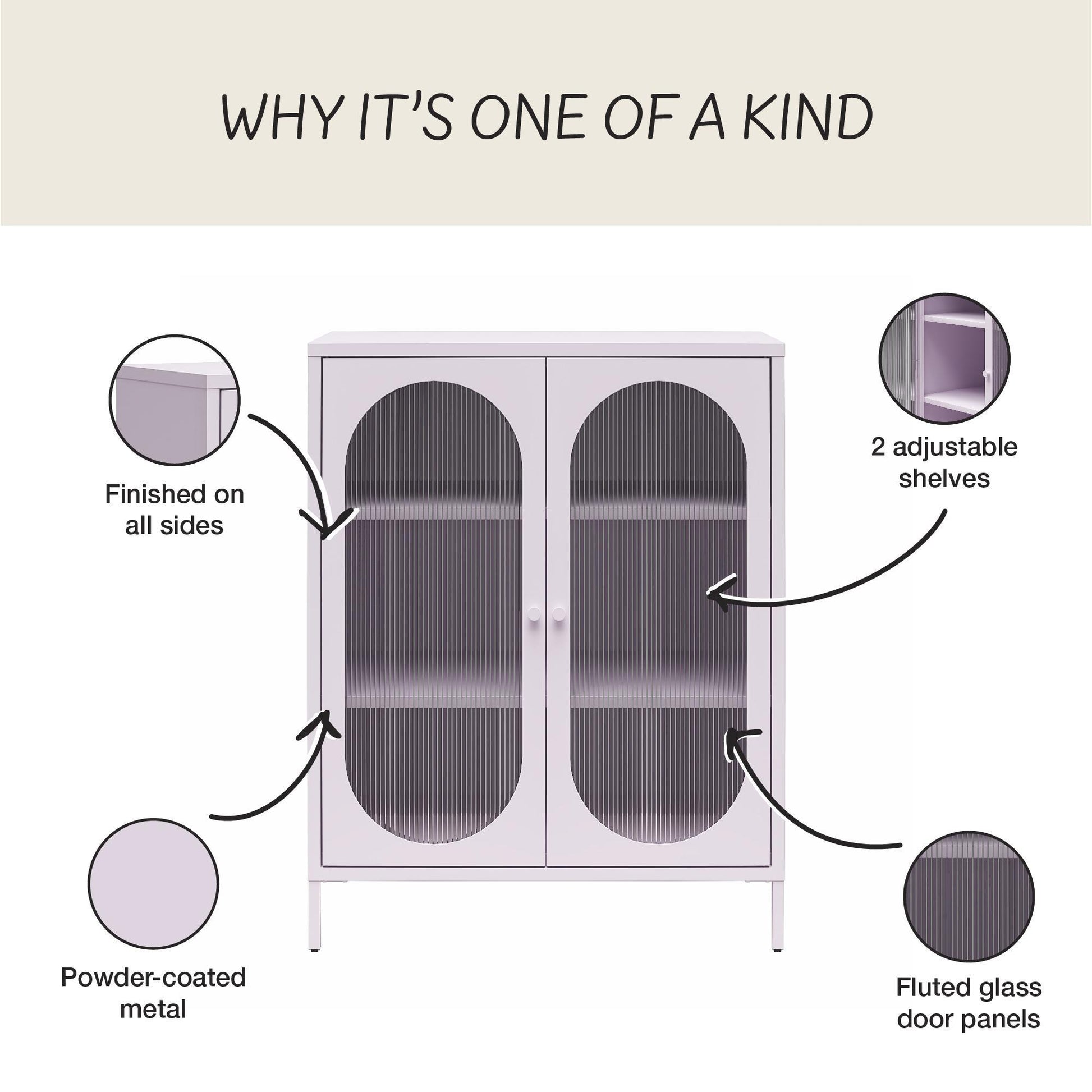 Luna Short 2-Door Metal Accent Cabinet with Fluted Glass