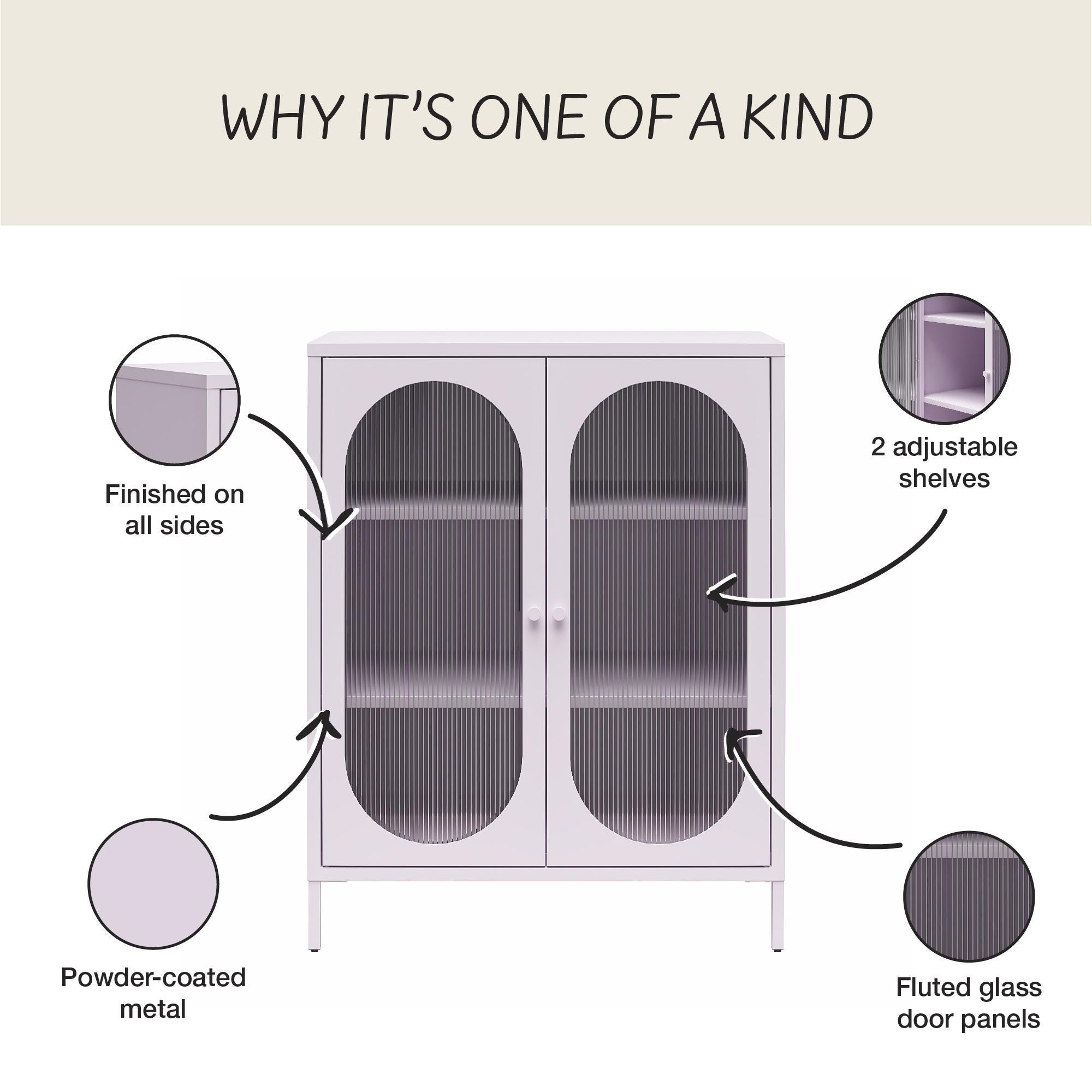 Luna Short 2-Door Metal Accent Cabinet with Fluted Glass