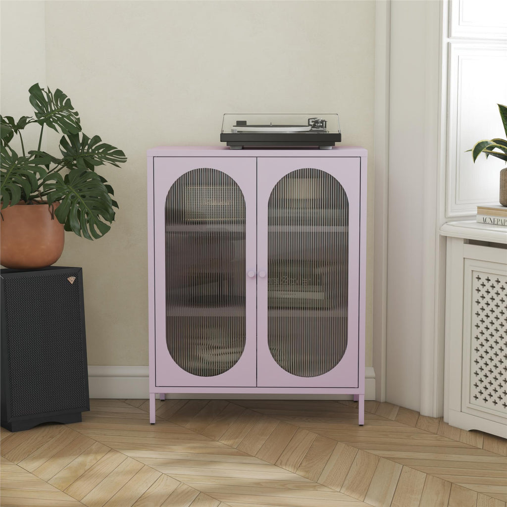 Luna Short 2-Door Metal Accent Cabinet with Fluted Glass