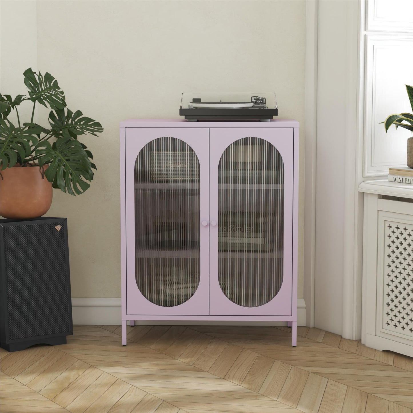 Luna Short 2-Door Metal Accent Cabinet with Fluted Glass