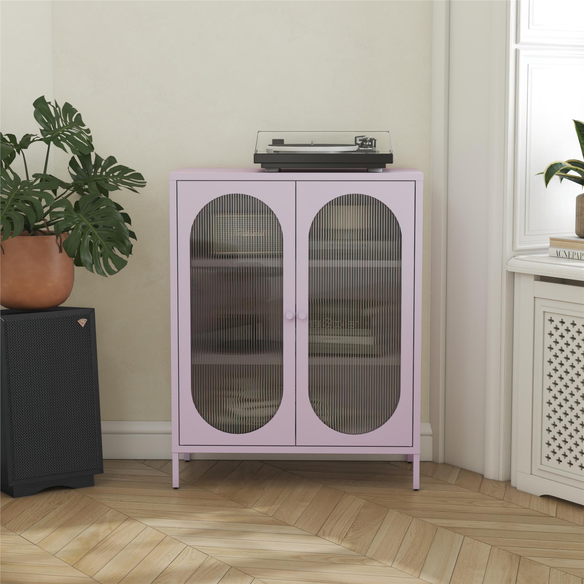 Luna Short 2-Door Metal Accent Cabinet with Fluted Glass
