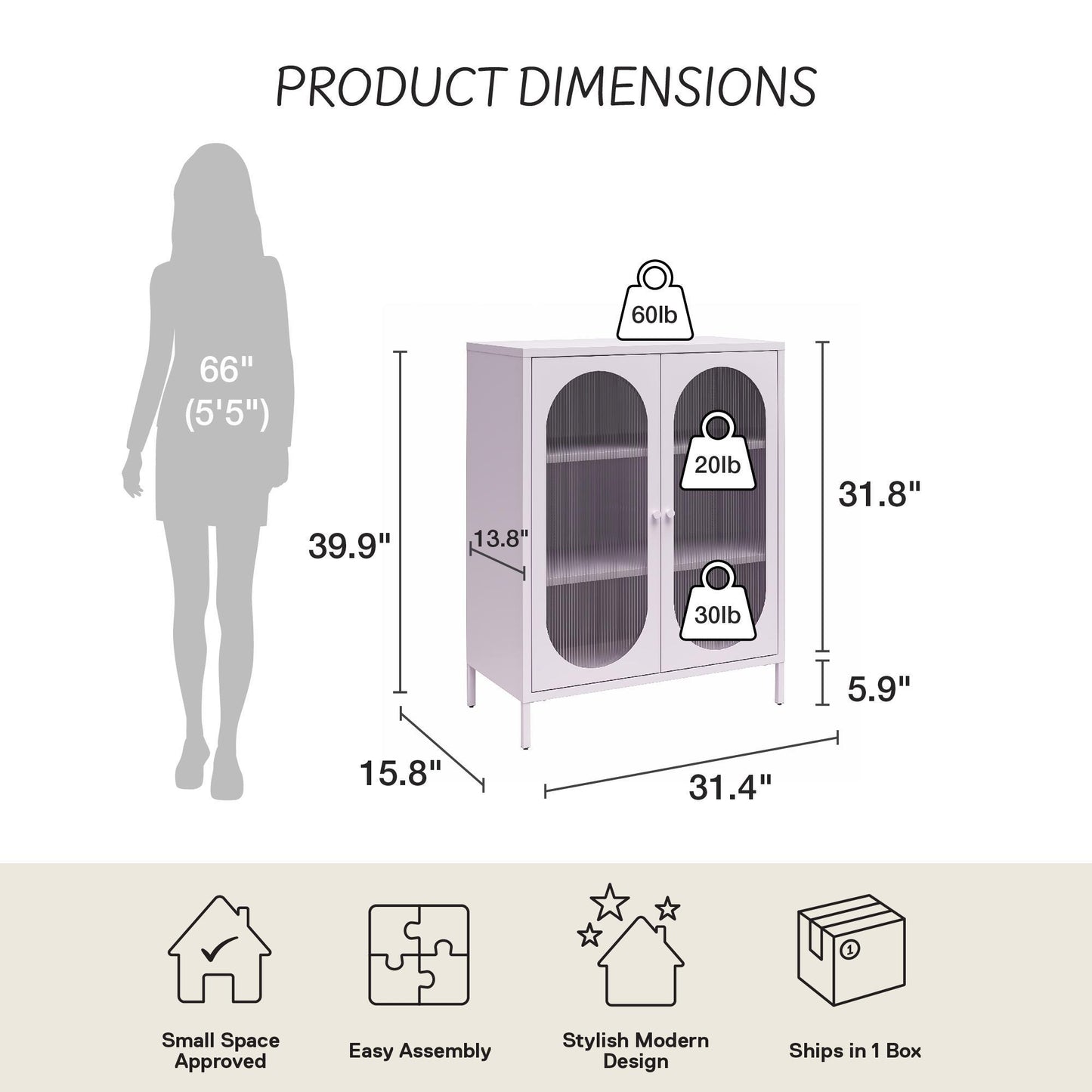 Luna Short 2-Door Metal Accent Cabinet with Fluted Glass