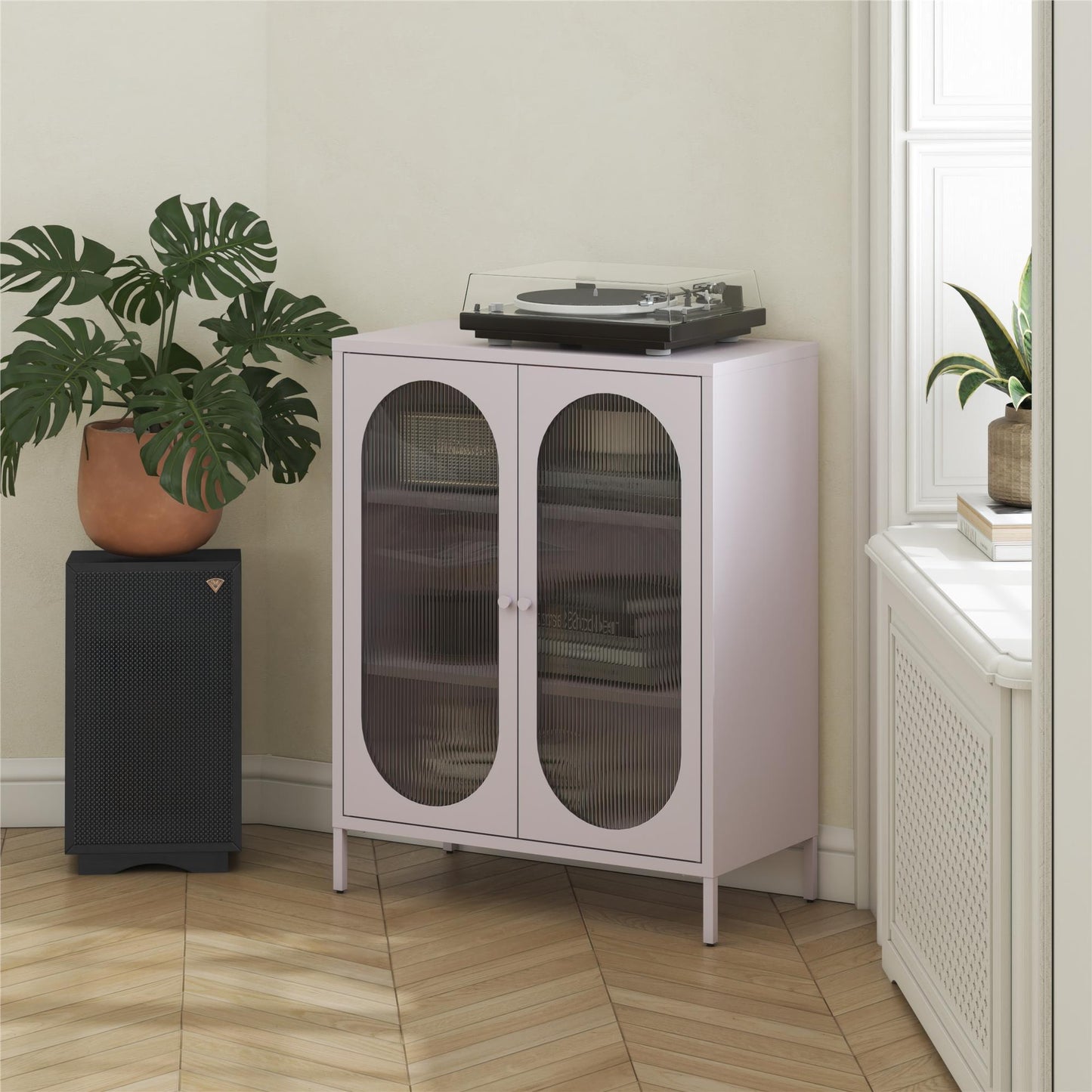 Luna Short 2-Door Metal Accent Cabinet with Fluted Glass