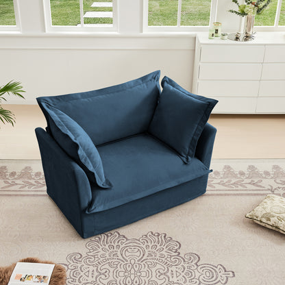 Slip-covered Armchair with 1 Big Back Cushion and 2 Big Toss Pillows, Single Deep Seat Comfy Single Couch Sofa Multiple Large Soft Pillows, Chenille Fabric, Blue