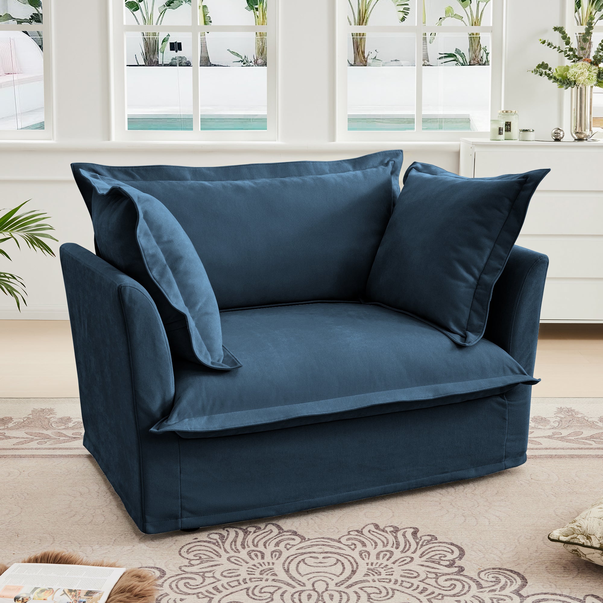 Slip-covered Armchair with 1 Big Back Cushion and 2 Big Toss Pillows, Single Deep Seat Comfy Single Couch Sofa Multiple Large Soft Pillows, Chenille Fabric, Blue