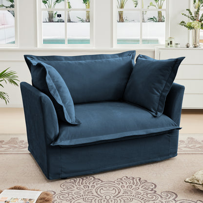 Slip-covered Armchair with 1 Big Back Cushion and 2 Big Toss Pillows, Single Deep Seat Comfy Single Couch Sofa Multiple Large Soft Pillows, Chenille Fabric, Blue