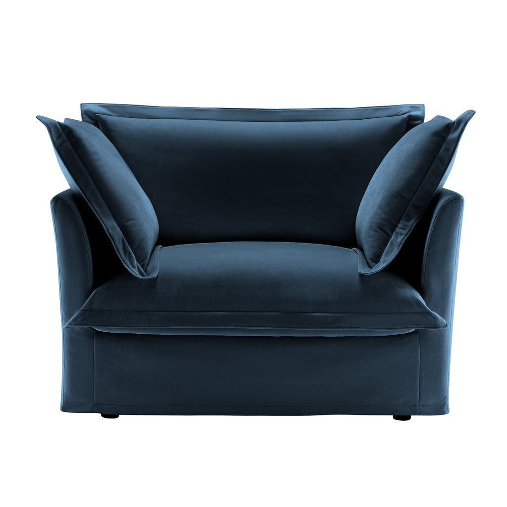 Slip-covered Armchair with 1 Big Back Cushion and 2 Big Toss Pillows, Single Deep Seat Comfy Single Couch Sofa Multiple Large Soft Pillows, Chenille Fabric, Blue