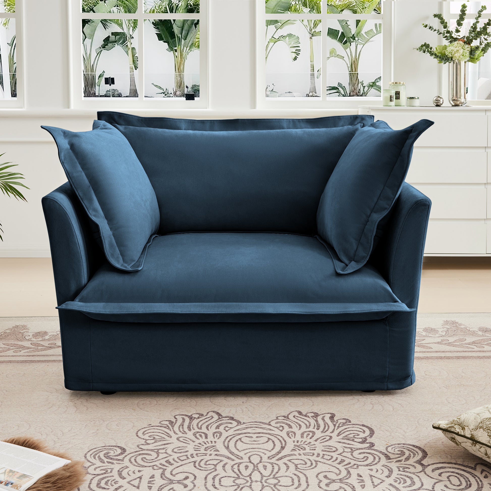 Slip-covered Armchair with 1 Big Back Cushion and 2 Big Toss Pillows, Single Deep Seat Comfy Single Couch Sofa Multiple Large Soft Pillows, Chenille Fabric, Blue