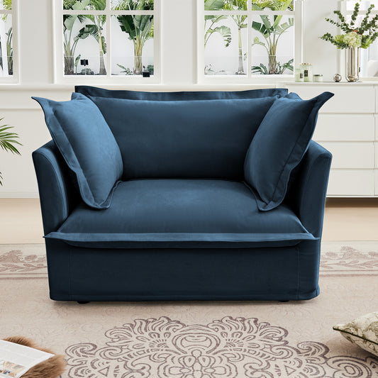 Slip-covered Armchair with 1 Big Back Cushion and 2 Big Toss Pillows, Single Deep Seat Comfy Single Couch Sofa Multiple Large Soft Pillows, Chenille Fabric, Blue