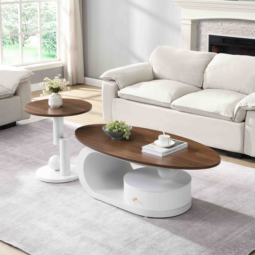 Luxury Antique Brown and White Nesting Coffee Table Set.