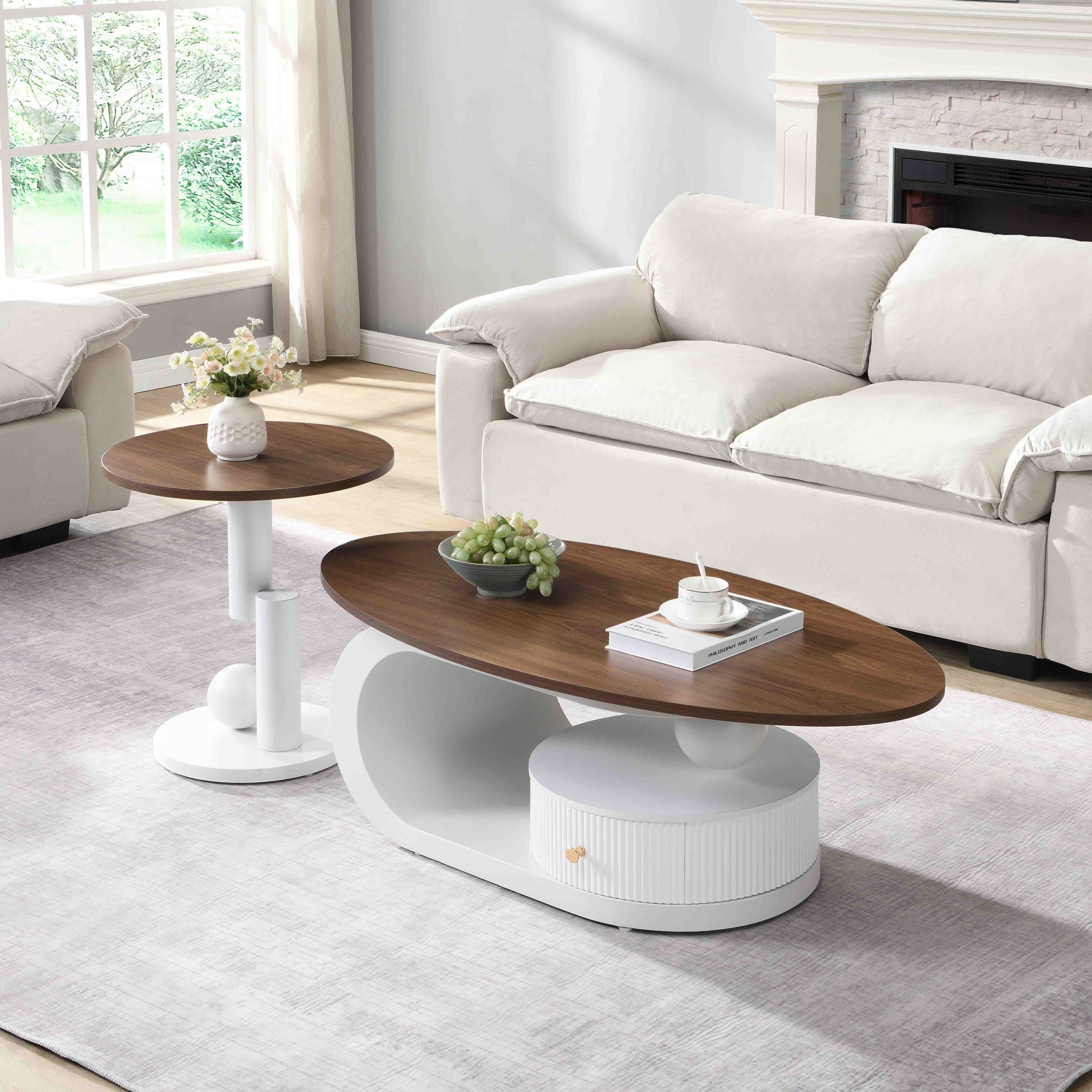Luxury Nesting Coffee Table Set of 2, Tables with Storage for Living Room, Oval and Round Table Set, White Center Table, Cocktail Table, Side Table, Large 47.24'', Small 19.69''