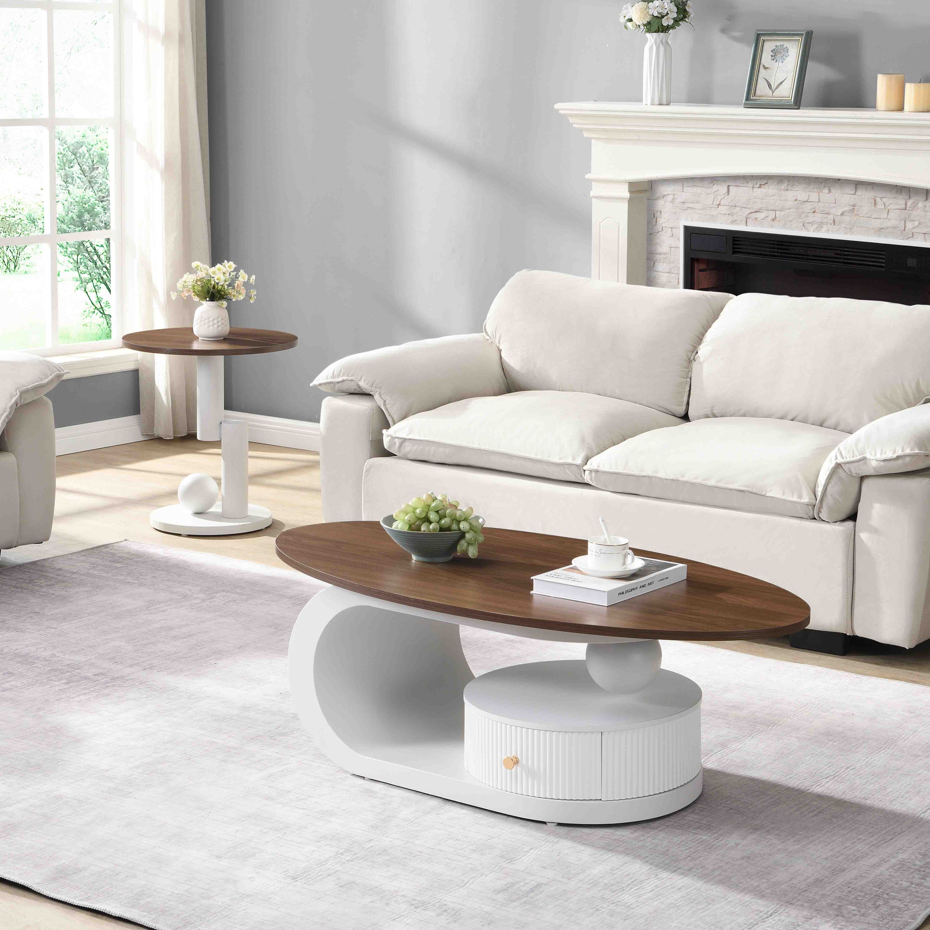 Luxury Nesting Coffee Table Set of 2, Tables with Storage for Living Room, Oval and Round Table Set, White Center Table, Cocktail Table, Side Table, Large 47.24'', Small 19.69''