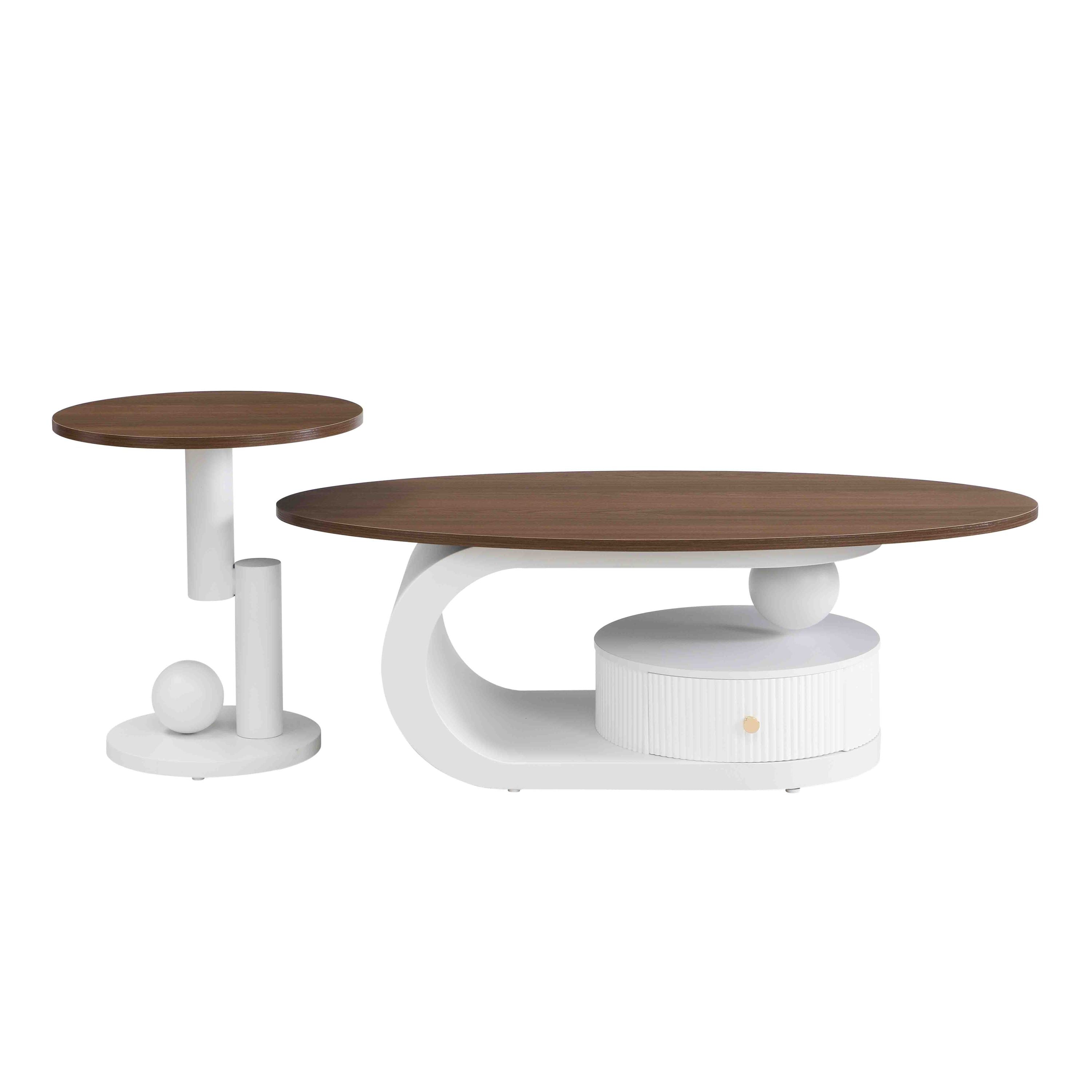 Luxury Nesting Coffee Table Set of 2, Tables with Storage for Living Room, Oval and Round Table Set, White Center Table, Cocktail Table, Side Table, Large 47.24'', Small 19.69''