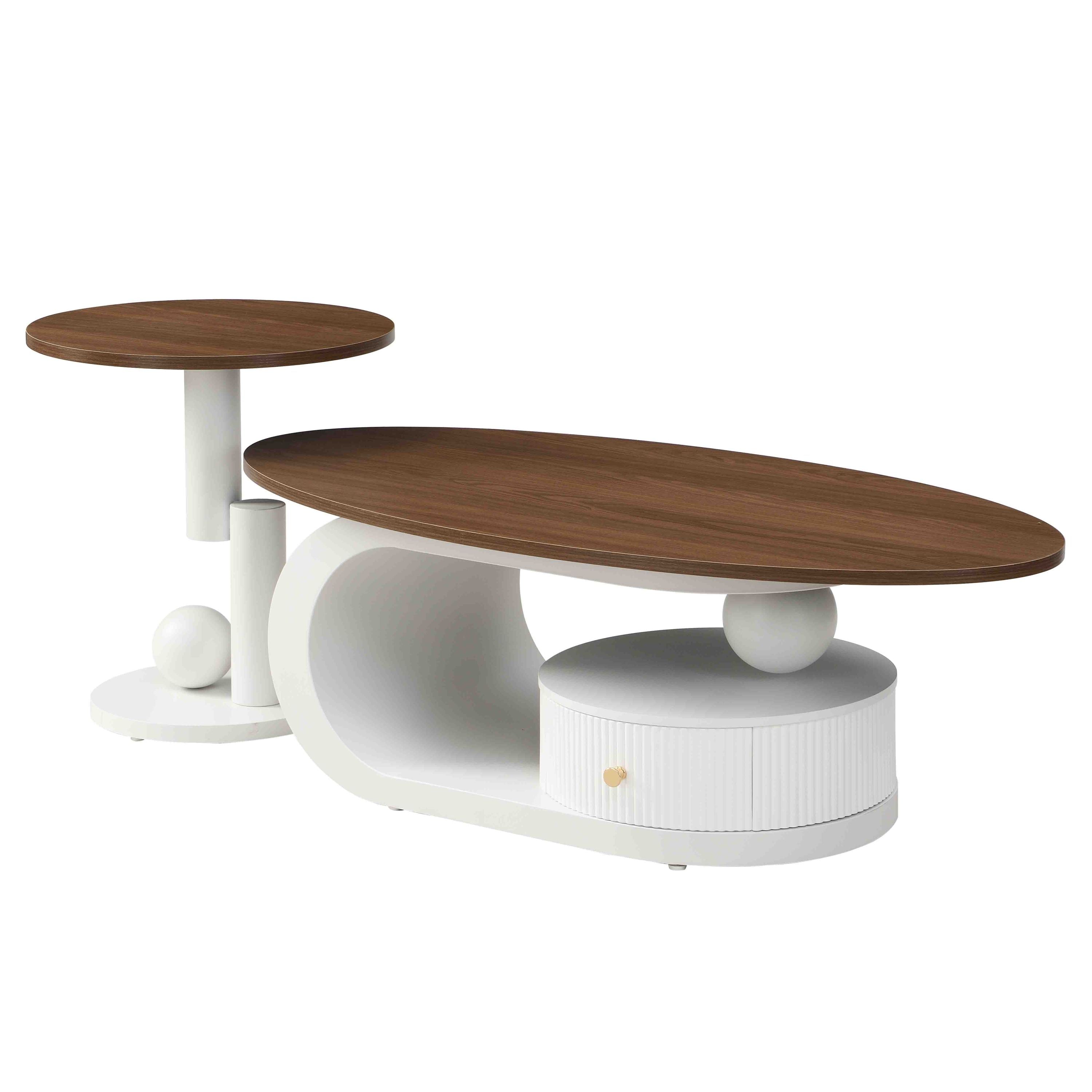 Luxury Nesting Coffee Table Set of 2, Tables with Storage for Living Room, Oval and Round Table Set, White Center Table, Cocktail Table, Side Table, Large 47.24'', Small 19.69''