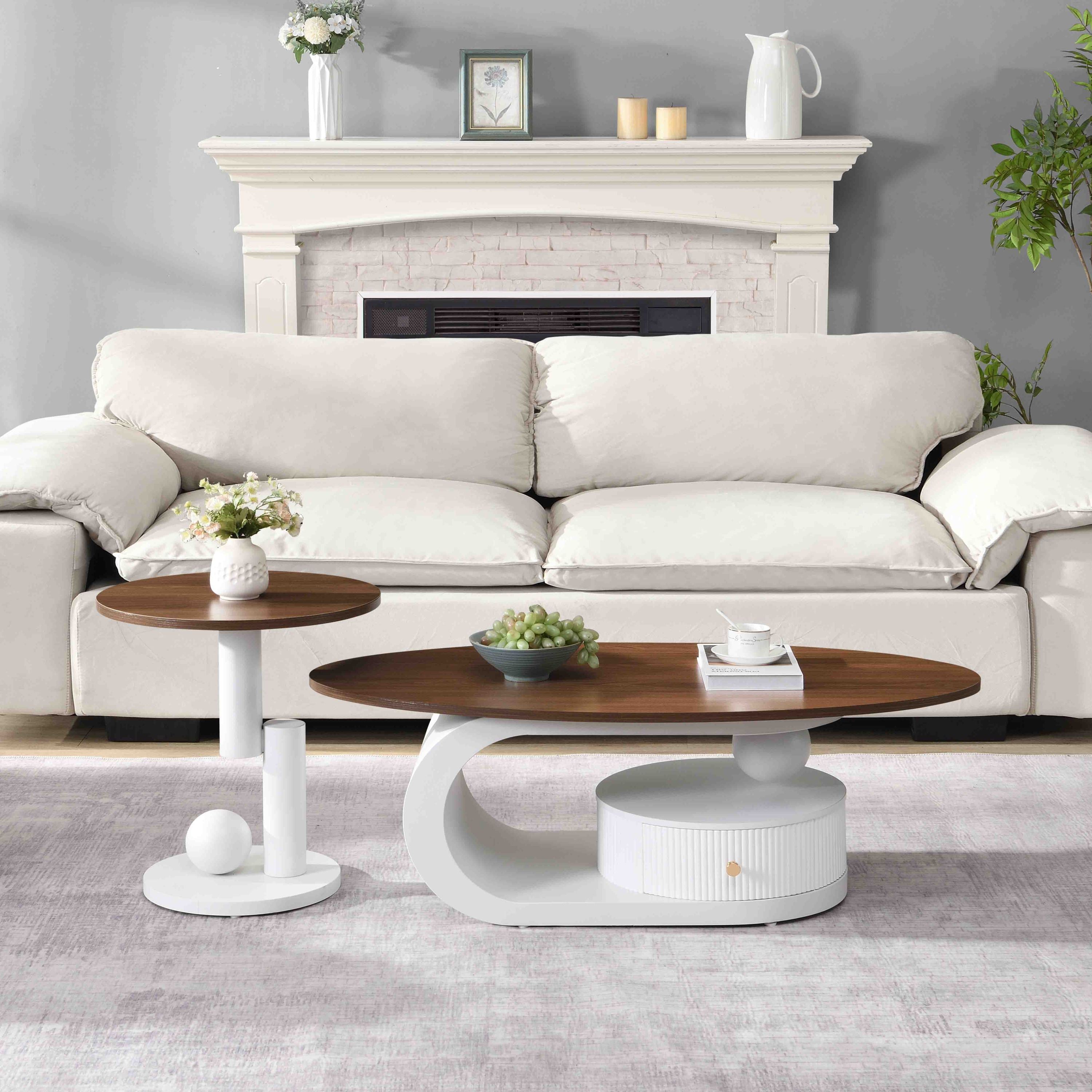 Luxury Nesting Coffee Table Set of 2, Tables with Storage for Living Room, Oval and Round Table Set, White Center Table, Cocktail Table, Side Table, Large 47.24'', Small 19.69''