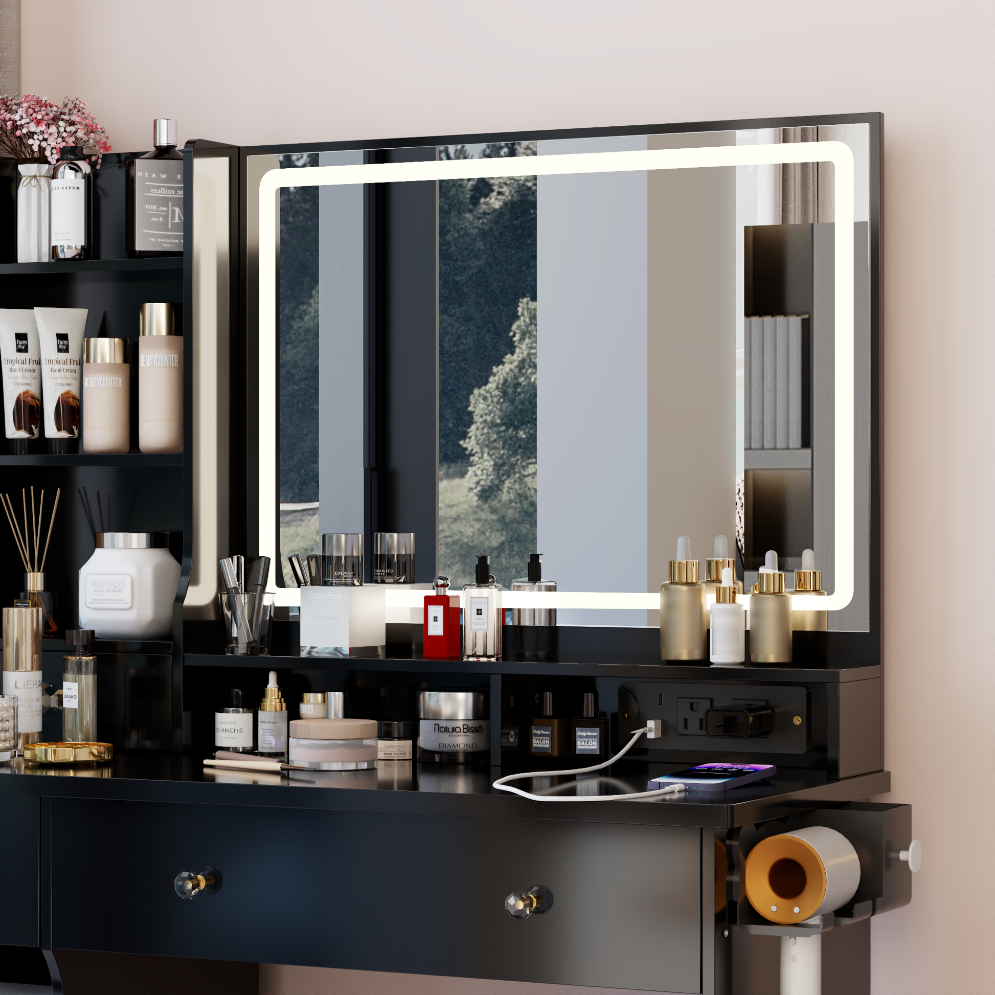 41' Large Size Left Drawer Desktop Vanity Table+Cushioned Stool Dresser Set, 2 AC+2 USB Power Station, Hair Dryer Stand, Extra Large Touch Control LED Mirror, 3-color Switch, EPA, GCC, UL Certificate