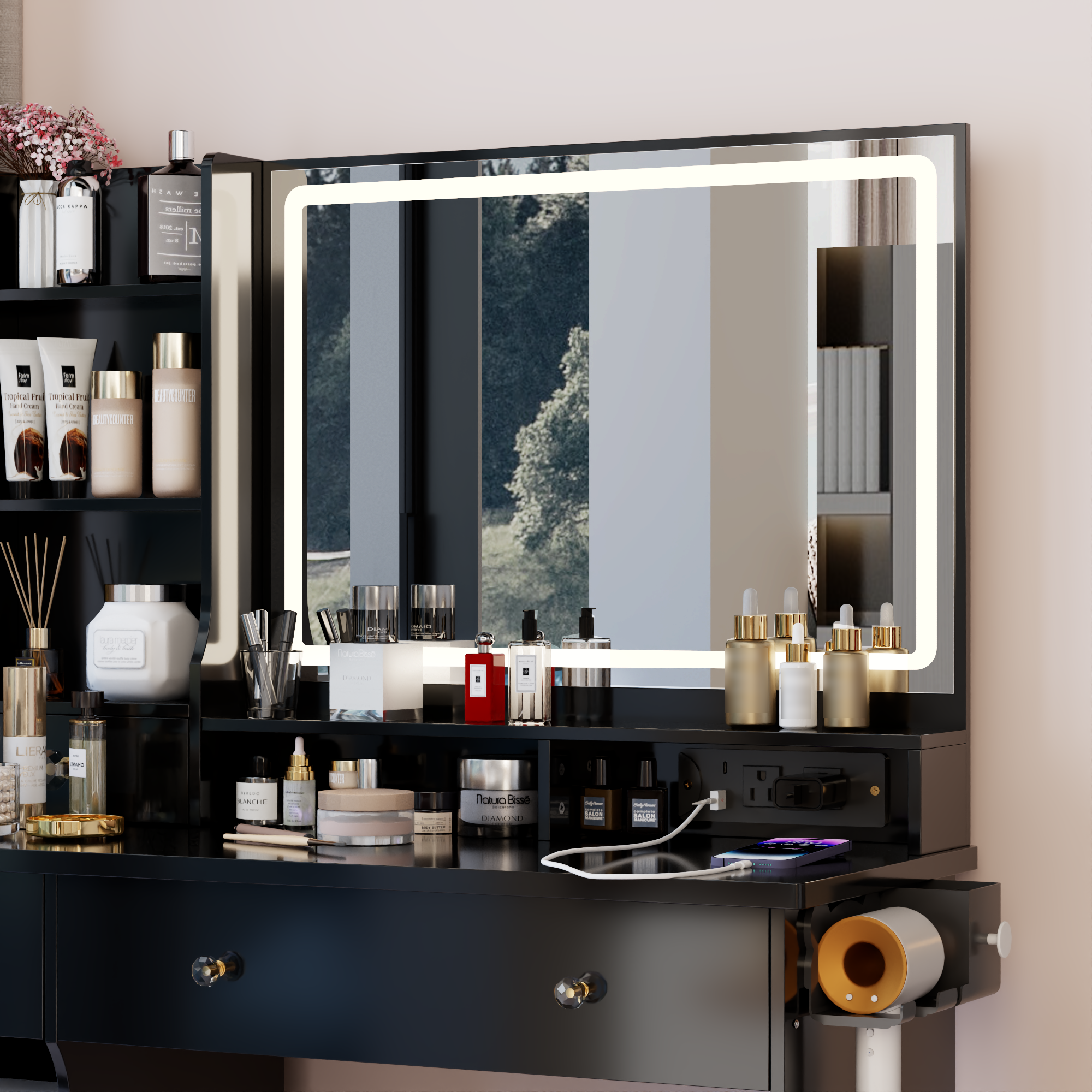 Luxury Black MDF Vanity Table Set with LED Mirror.