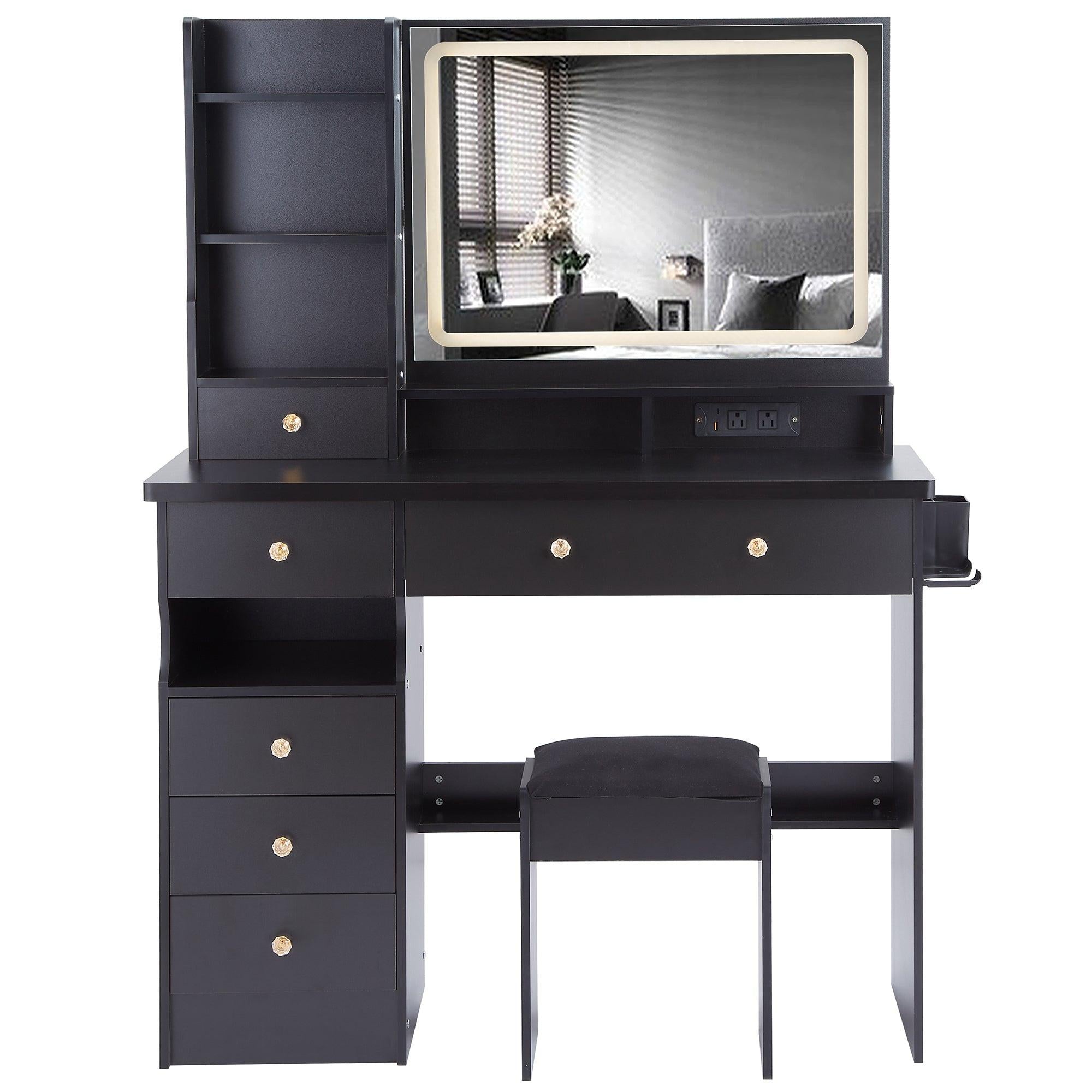 Luxury Black MDF Vanity Table Set with LED Mirror.