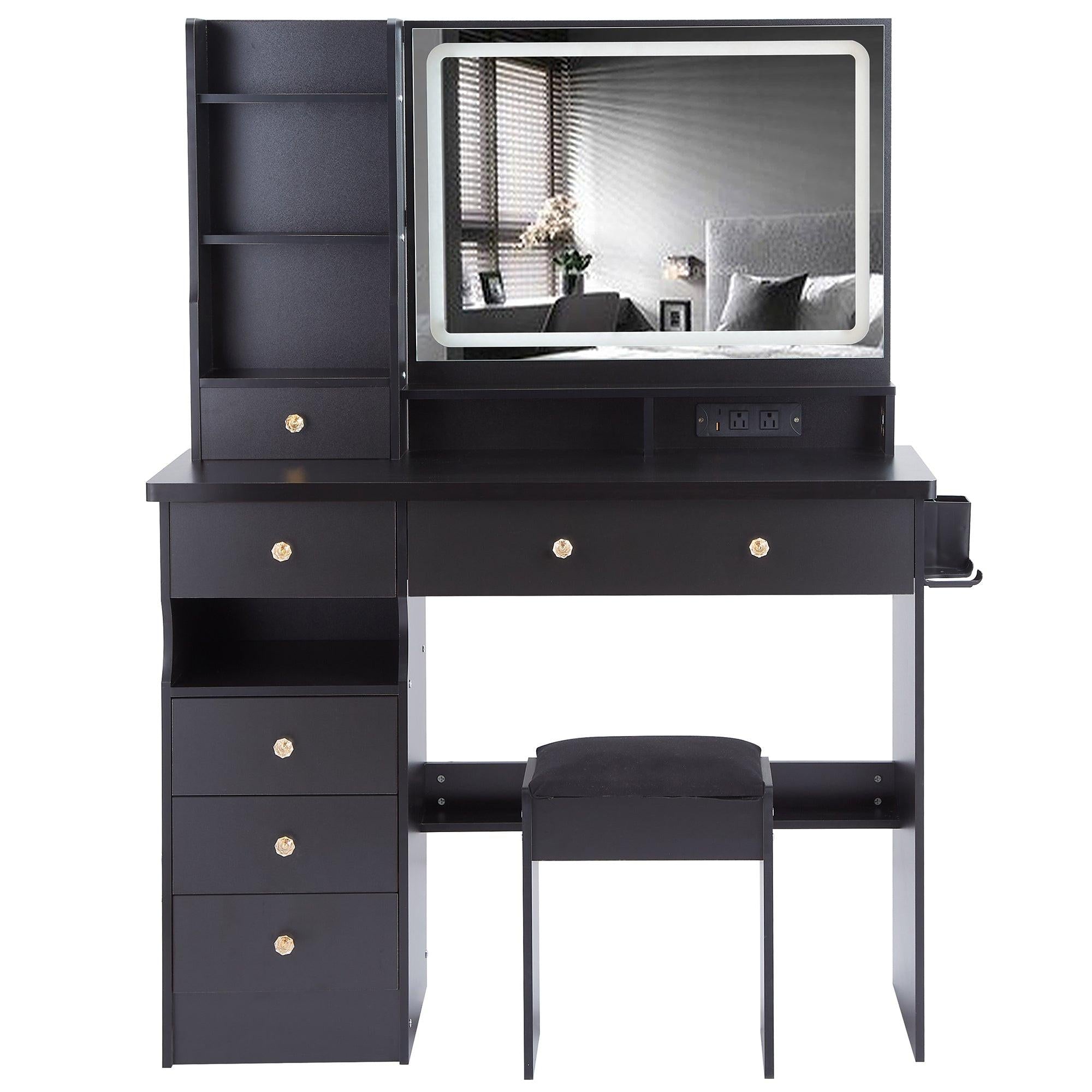 Luxury Black MDF Vanity Table Set with LED Mirror.