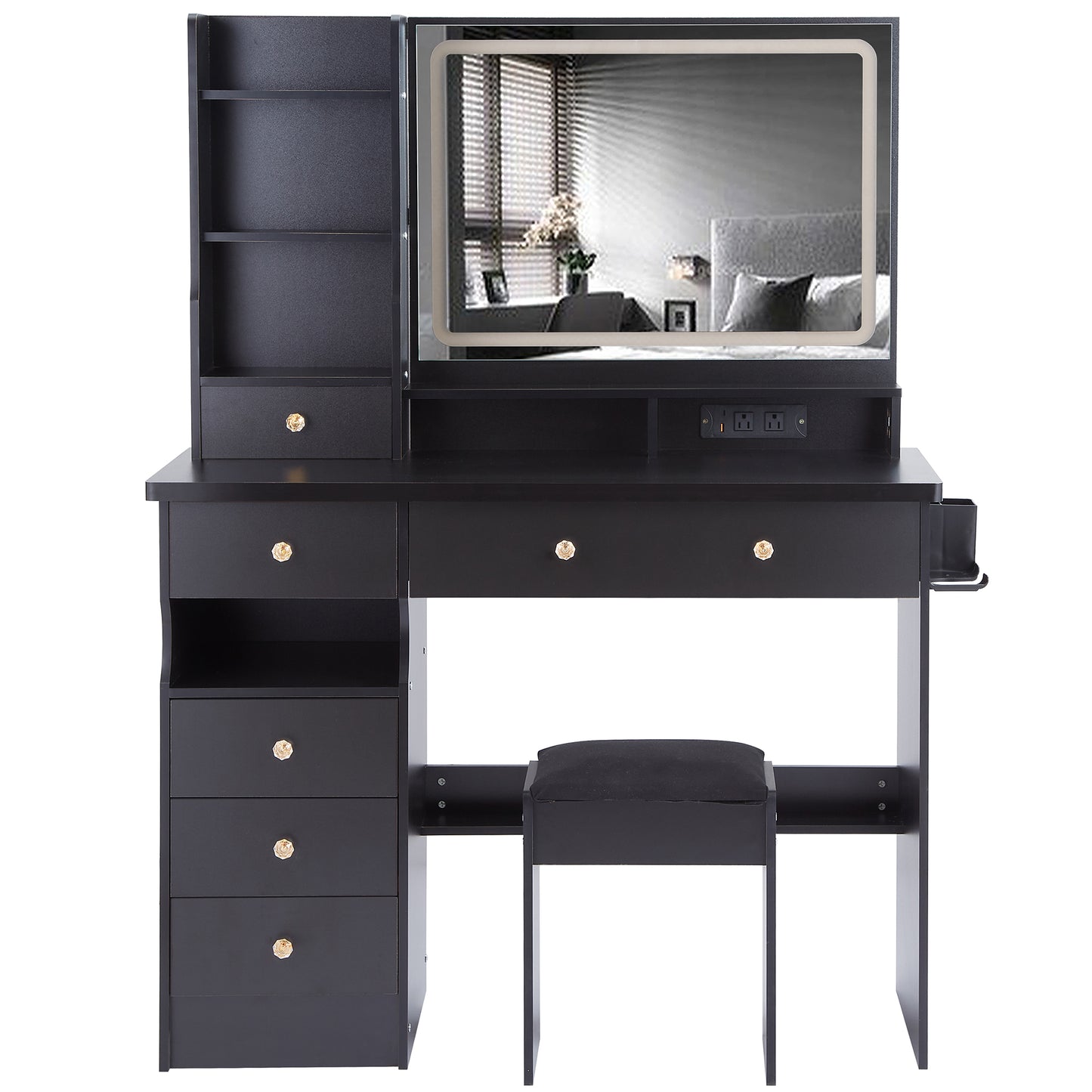 41' Large Size Left Drawer Desktop Vanity Table+Cushioned Stool Dresser Set, 2 AC+2 USB Power Station, Hair Dryer Stand, Extra Large Touch Control LED Mirror, 3-color Switch, EPA, GCC, UL Certificate