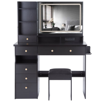 41' Large Size Left Drawer Desktop Vanity Table+Cushioned Stool Dresser Set, 2 AC+2 USB Power Station, Hair Dryer Stand, Extra Large Touch Control LED Mirror, 3-color Switch, EPA, GCC, UL Certificate