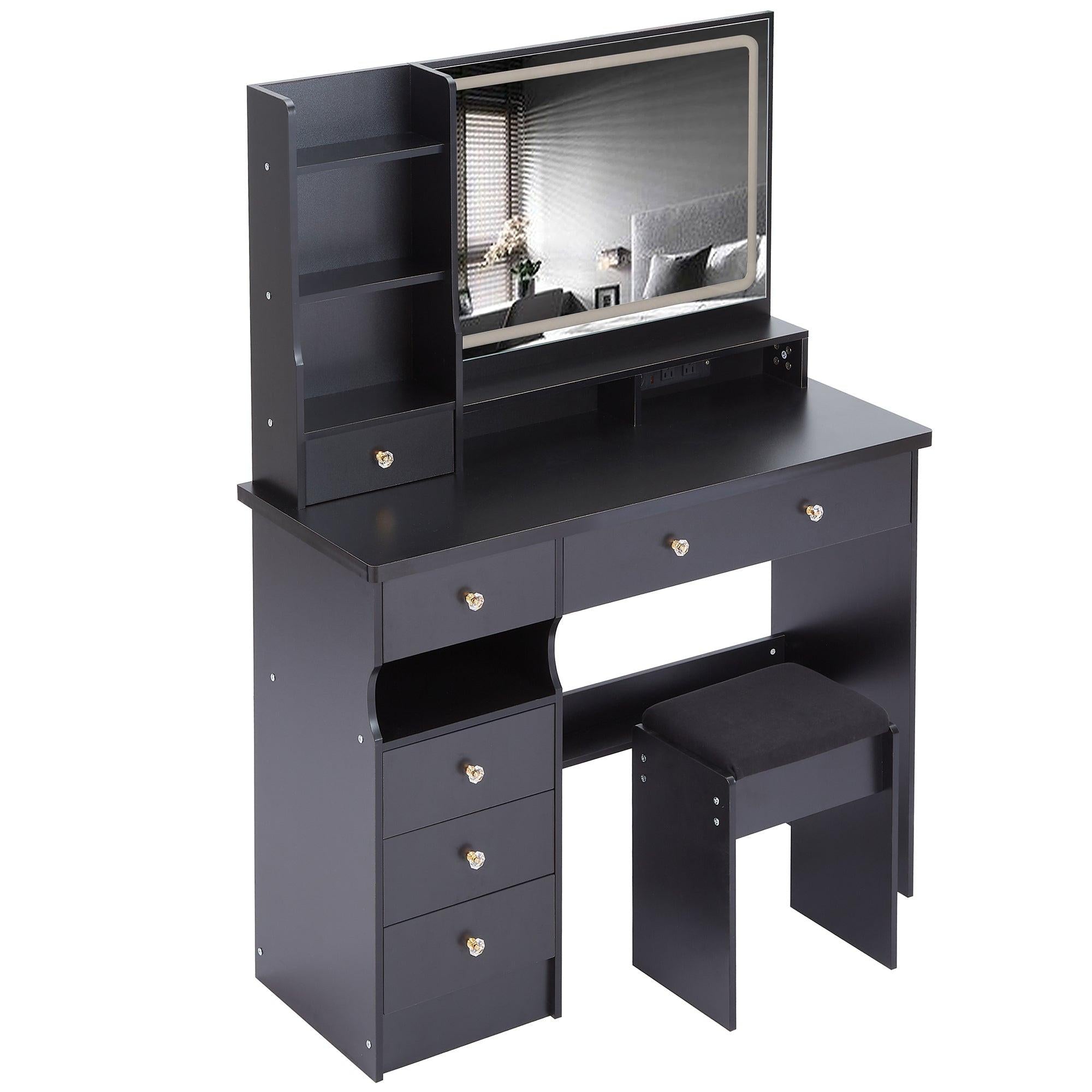 Luxury Black MDF Vanity Table Set with LED Mirror.