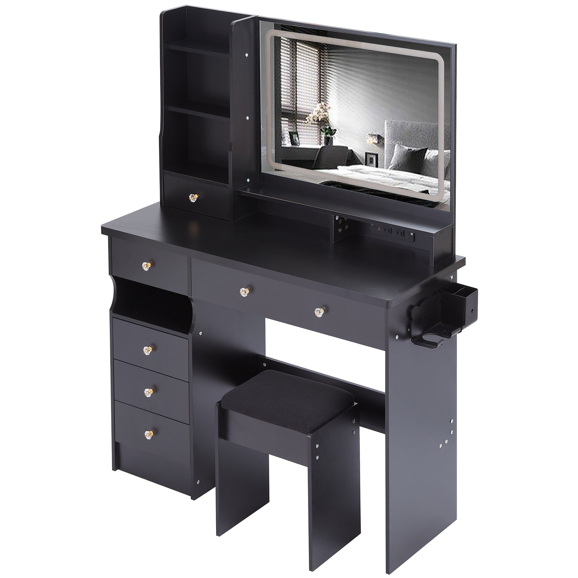 41' Large Size Left Drawer Desktop Vanity Table+Cushioned Stool Dresser Set, 2 AC+2 USB Power Station, Hair Dryer Stand, Extra Large Touch Control LED Mirror, 3-color Switch, EPA, GCC, UL Certificate