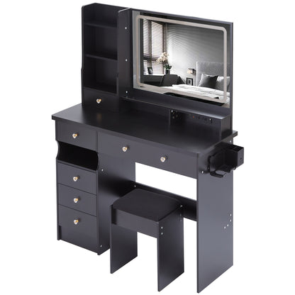 41' Large Size Left Drawer Desktop Vanity Table+Cushioned Stool Dresser Set, 2 AC+2 USB Power Station, Hair Dryer Stand, Extra Large Touch Control LED Mirror, 3-color Switch, EPA, GCC, UL Certificate