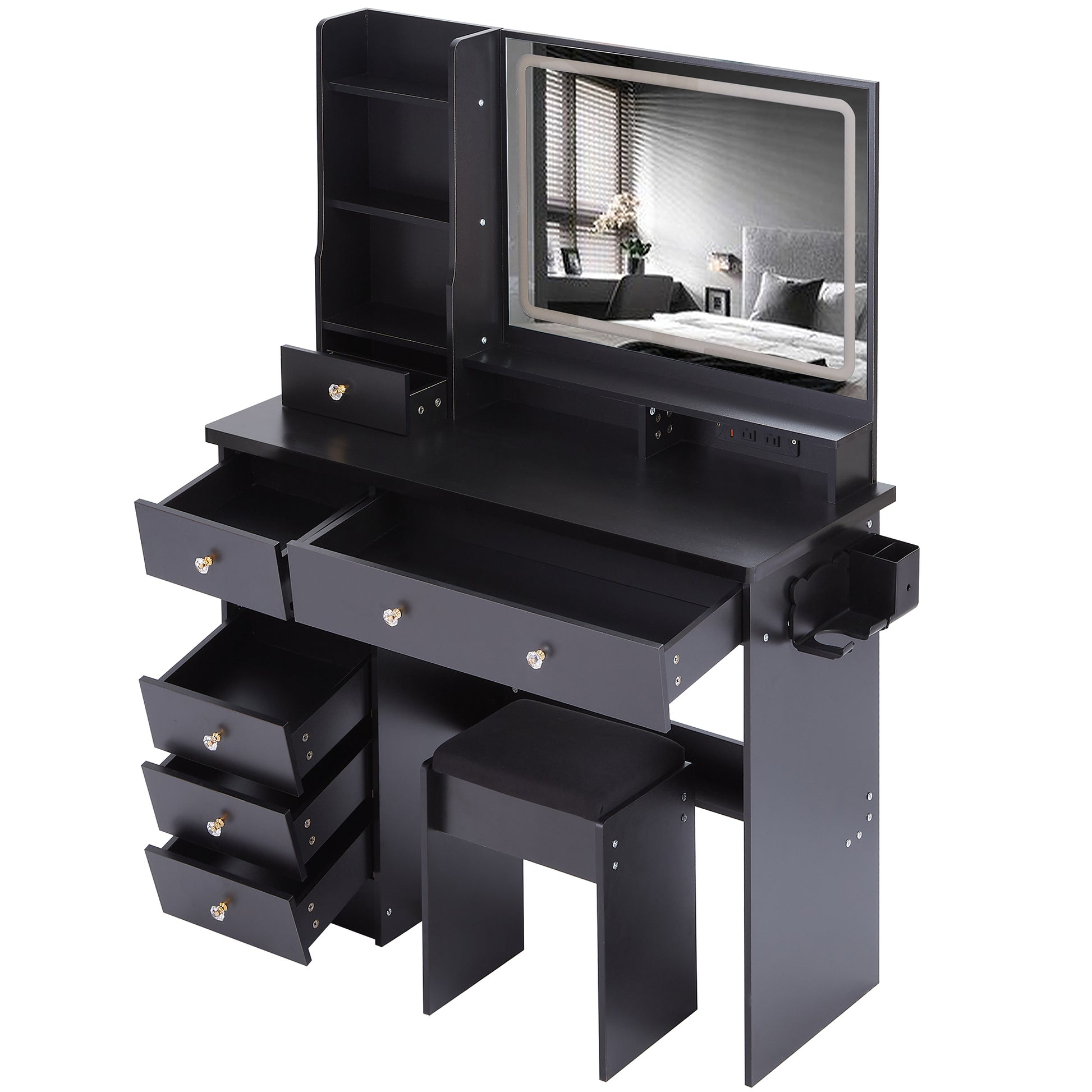 41' Large Size Left Drawer Desktop Vanity Table+Cushioned Stool Dresser Set, 2 AC+2 USB Power Station, Hair Dryer Stand, Extra Large Touch Control LED Mirror, 3-color Switch, EPA, GCC, UL Certificate