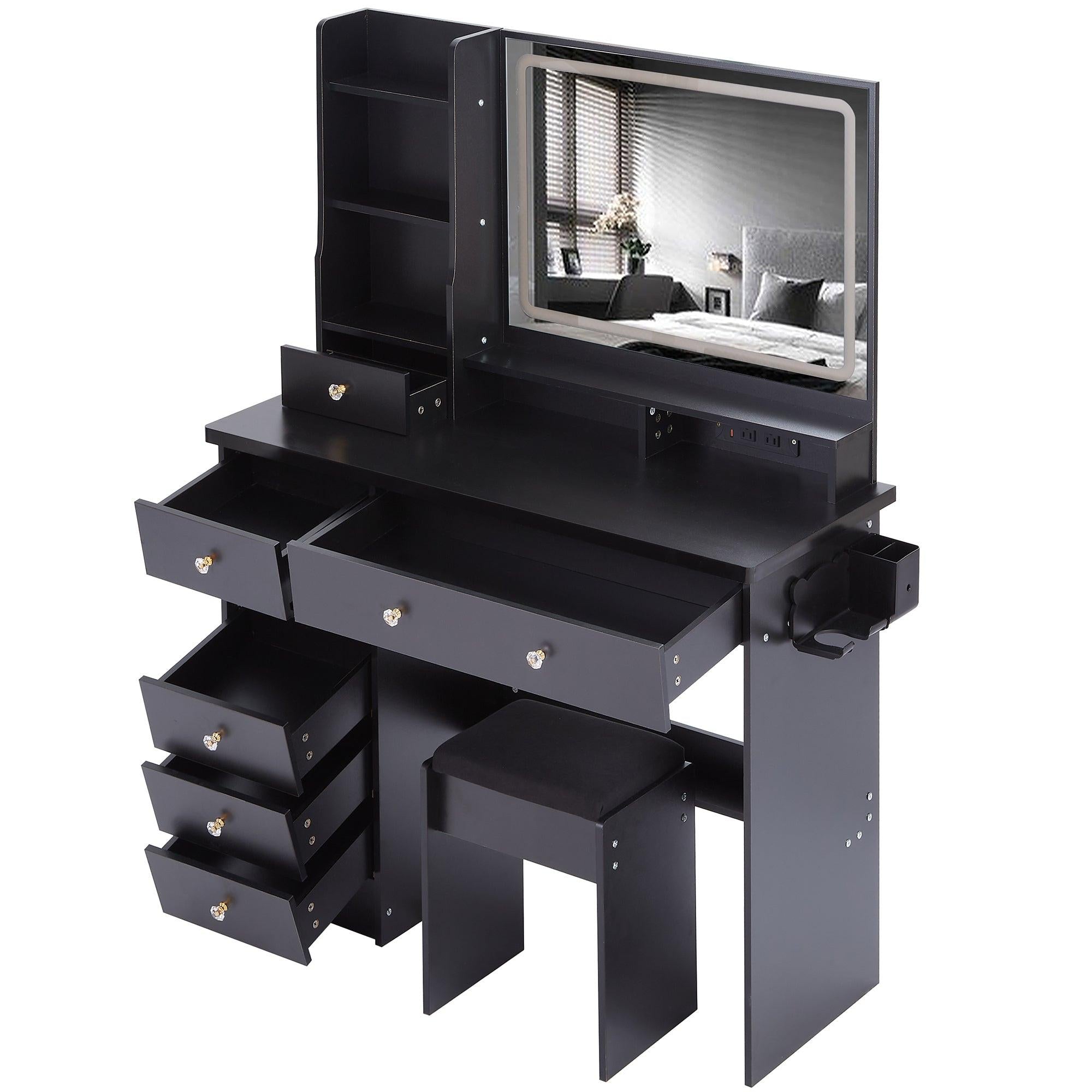 Luxury Black MDF Vanity Table Set with LED Mirror.