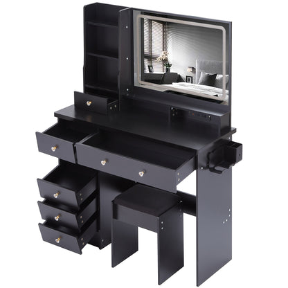 41' Large Size Left Drawer Desktop Vanity Table+Cushioned Stool Dresser Set, 2 AC+2 USB Power Station, Hair Dryer Stand, Extra Large Touch Control LED Mirror, 3-color Switch, EPA, GCC, UL Certificate