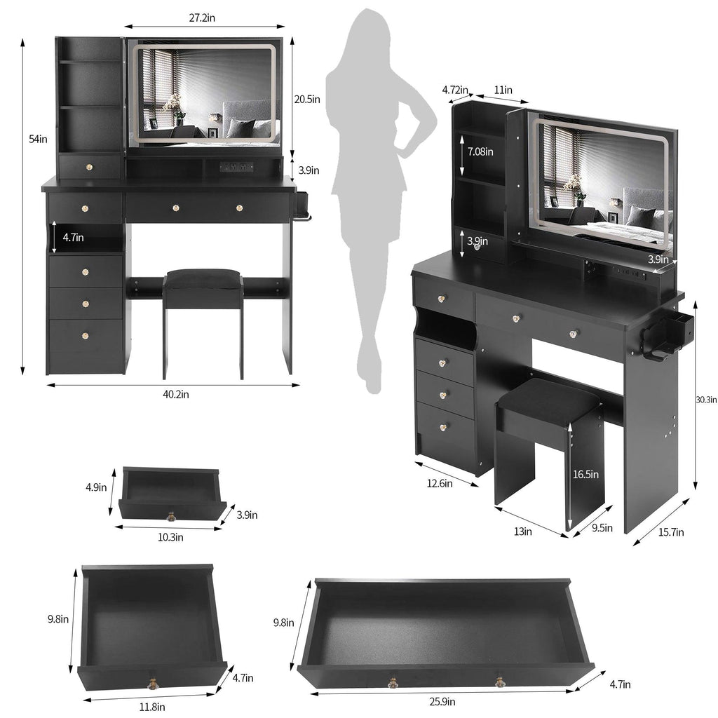 Luxury Black MDF Vanity Table Set with LED Mirror.