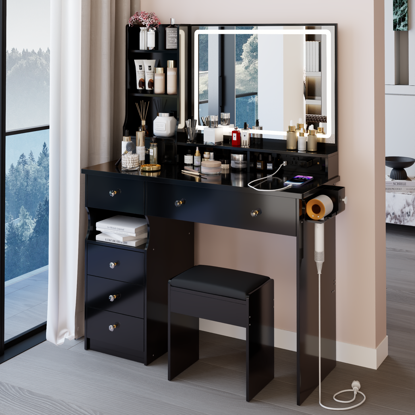 41' Large Size Left Drawer Desktop Vanity Table+Cushioned Stool Dresser Set, 2 AC+2 USB Power Station, Hair Dryer Stand, Extra Large Touch Control LED Mirror, 3-color Switch, EPA, GCC, UL Certificate