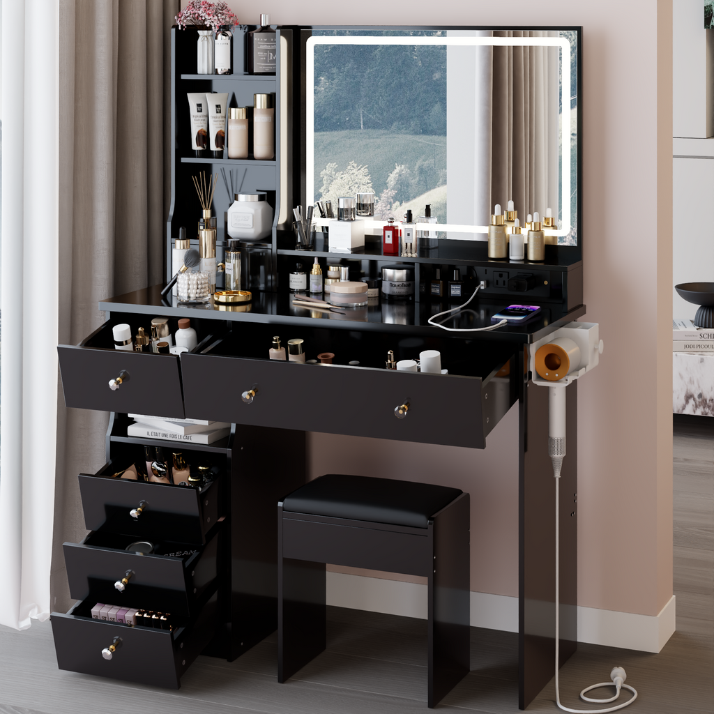 Luxury Black MDF Vanity Table Set with LED Mirror.