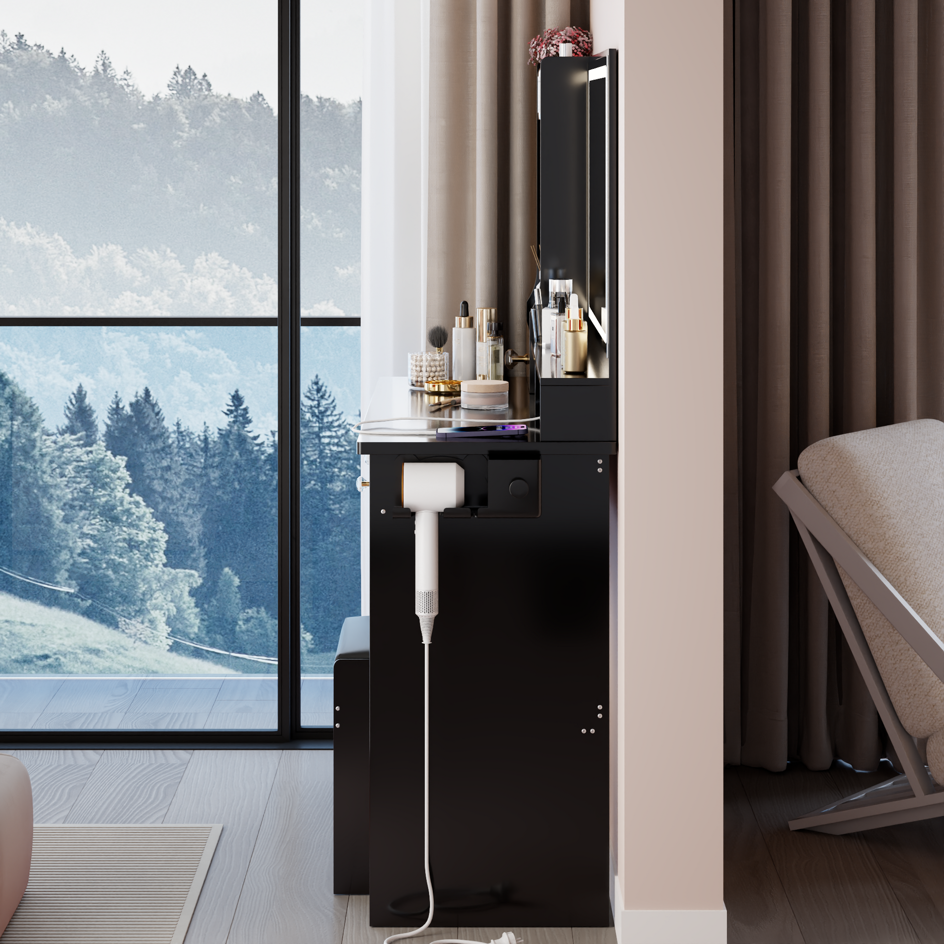 41' Large Size Left Drawer Desktop Vanity Table+Cushioned Stool Dresser Set, 2 AC+2 USB Power Station, Hair Dryer Stand, Extra Large Touch Control LED Mirror, 3-color Switch, EPA, GCC, UL Certificate