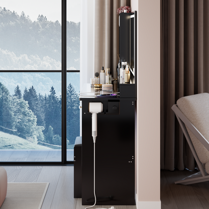 41' Large Size Left Drawer Desktop Vanity Table+Cushioned Stool Dresser Set, 2 AC+2 USB Power Station, Hair Dryer Stand, Extra Large Touch Control LED Mirror, 3-color Switch, EPA, GCC, UL Certificate