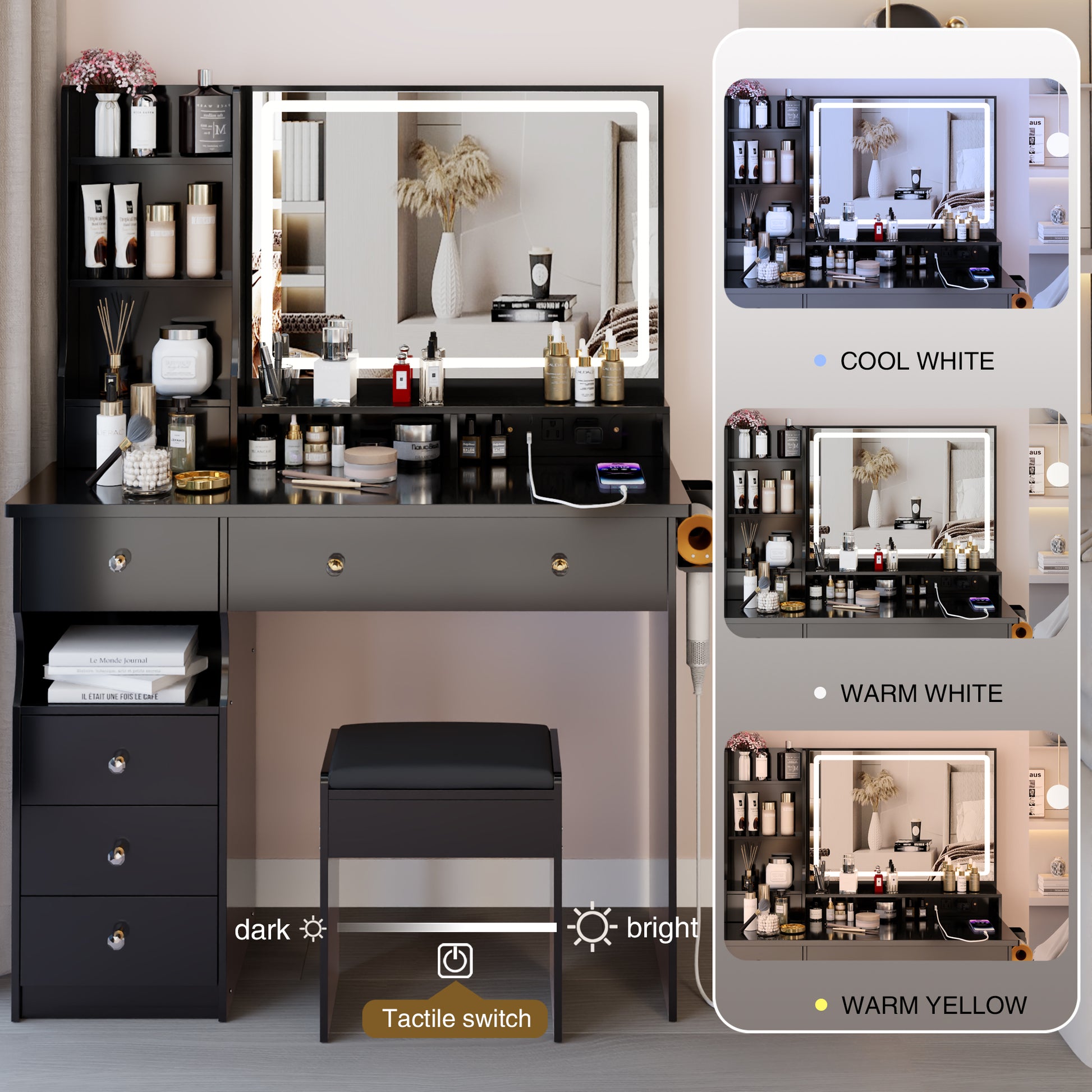 41' Large Size Left Drawer Desktop Vanity Table+Cushioned Stool Dresser Set, 2 AC+2 USB Power Station, Hair Dryer Stand, Extra Large Touch Control LED Mirror, 3-color Switch, EPA, GCC, UL Certificate