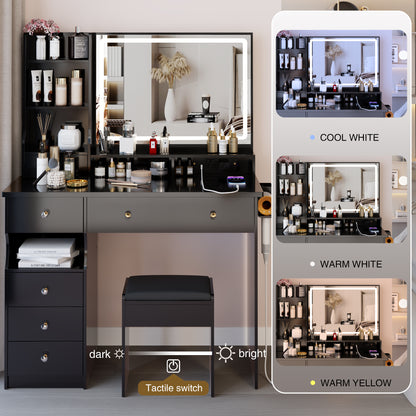 41' Large Size Left Drawer Desktop Vanity Table+Cushioned Stool Dresser Set, 2 AC+2 USB Power Station, Hair Dryer Stand, Extra Large Touch Control LED Mirror, 3-color Switch, EPA, GCC, UL Certificate