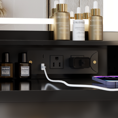 41' Large Size Left Drawer Desktop Vanity Table+Cushioned Stool Dresser Set, 2 AC+2 USB Power Station, Hair Dryer Stand, Extra Large Touch Control LED Mirror, 3-color Switch, EPA, GCC, UL Certificate
