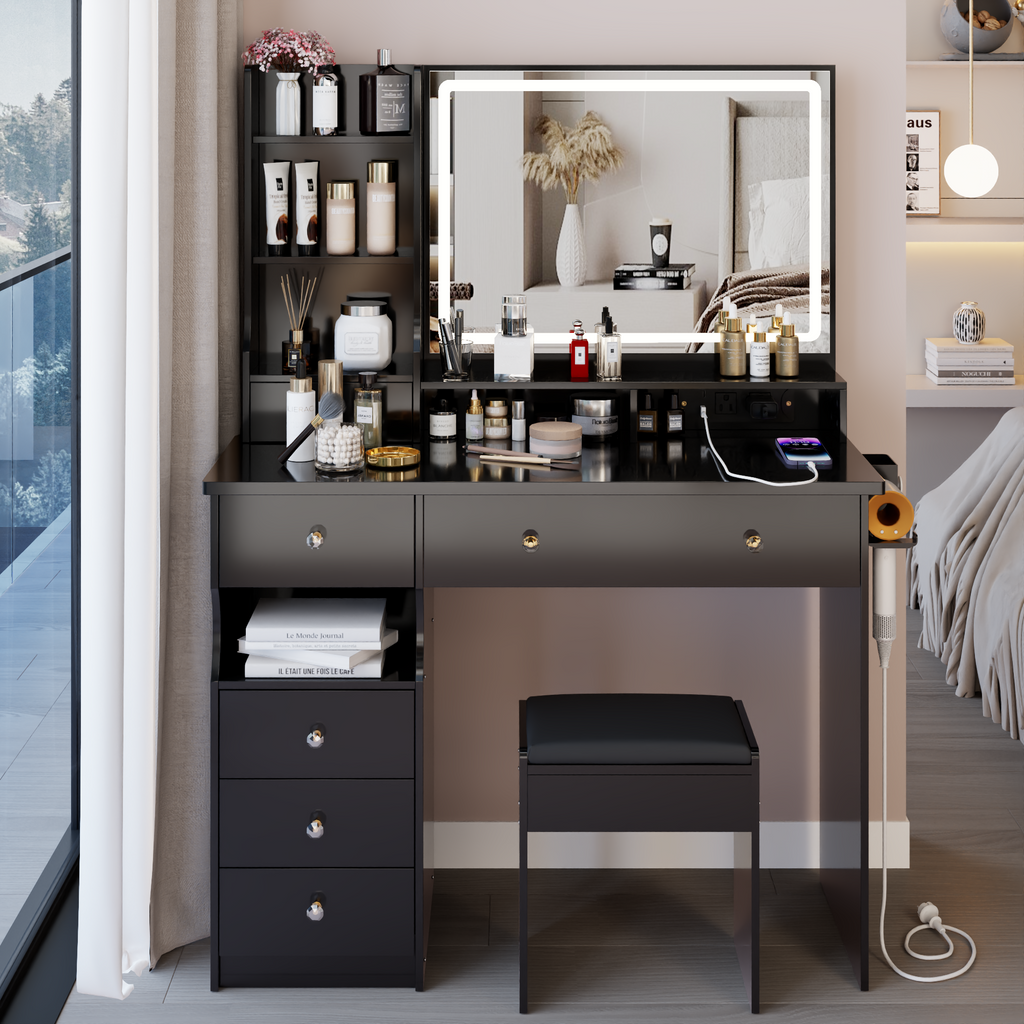 Luxury Black MDF Vanity Table Set with LED Mirror.