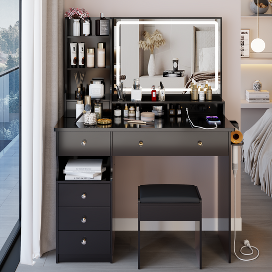 41' Large Size Left Drawer Desktop Vanity Table+Cushioned Stool Dresser Set, 2 AC+2 USB Power Station, Hair Dryer Stand, Extra Large Touch Control LED Mirror, 3-color Switch, EPA, GCC, UL Certificate