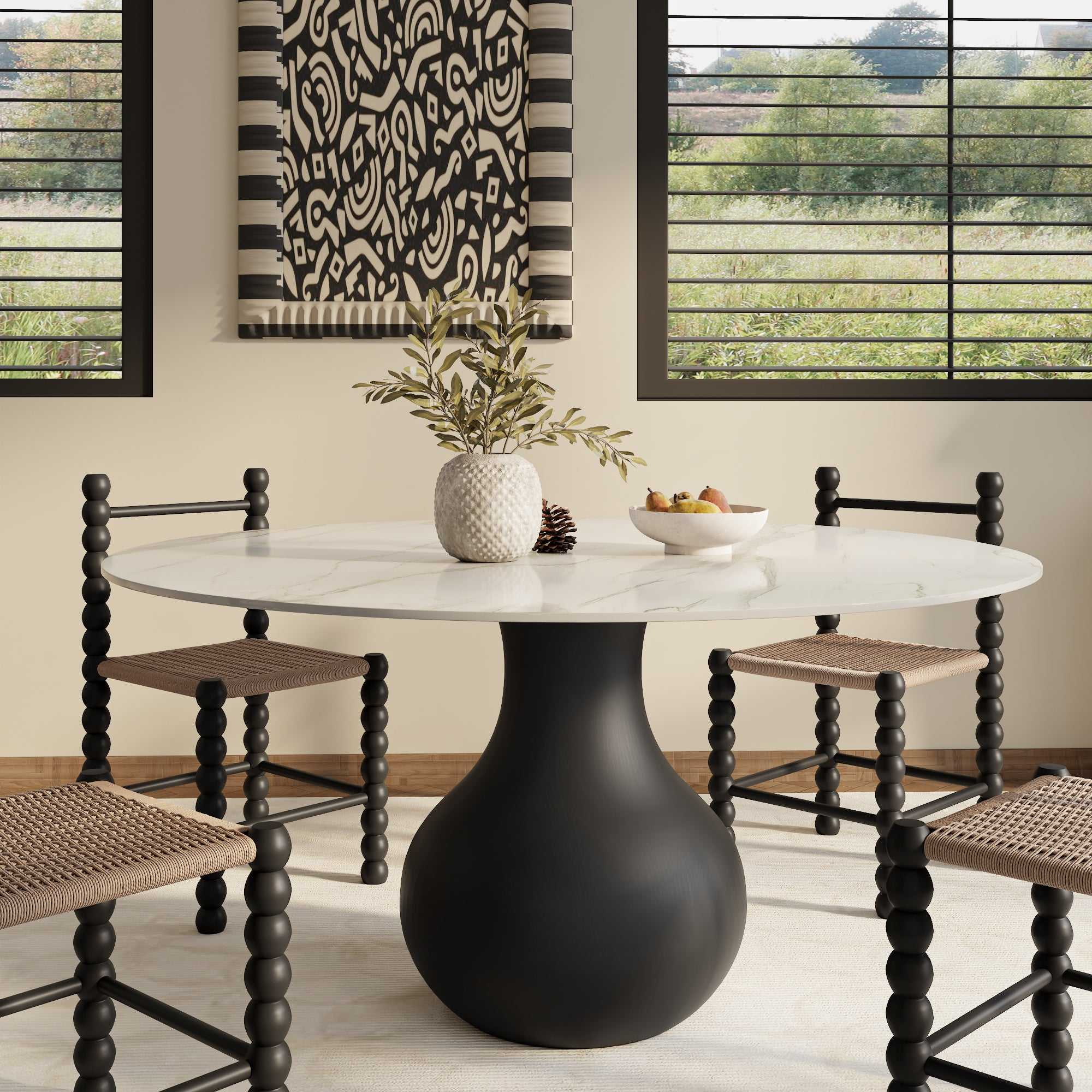 Chic Luxury Black Round Dining Kitchen 53' Table - White Grey With Vase-shaped Solid Wood Pedestal For 6