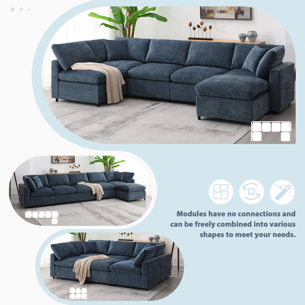 130*65' Modern Modular Cloud Sofa Bed, 6 Seat Chenille Sectional Couch Set with Ottoman,Free Combination,Convertible U Shaped Sleeper Sofa for Living Room, Apartment, 3 Colors - Groovy Boardz