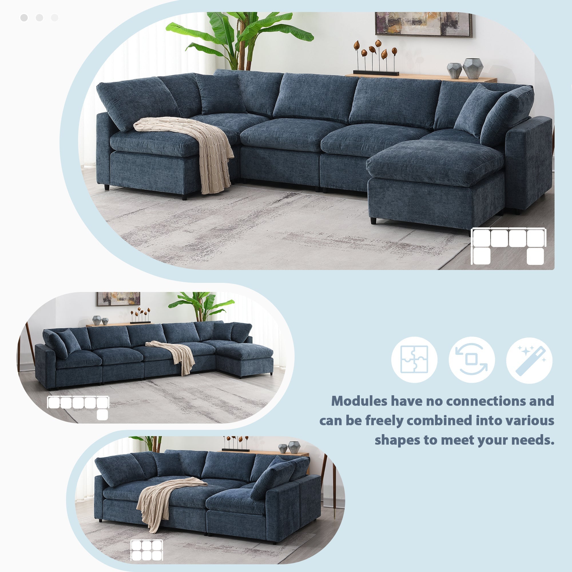 130*65' Modern Modular Cloud Sofa Bed, 6 Seat Chenille Sectional Couch Set with Ottoman,Free Combination,Convertible U Shaped Sleeper Sofa for Living Room, Apartment, 3 Colors - Groovy Boardz