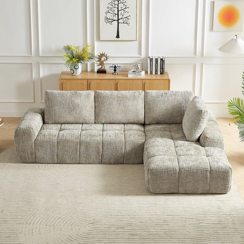 Luxury Chenille L-Shape Sectional Sofa in Khaki.