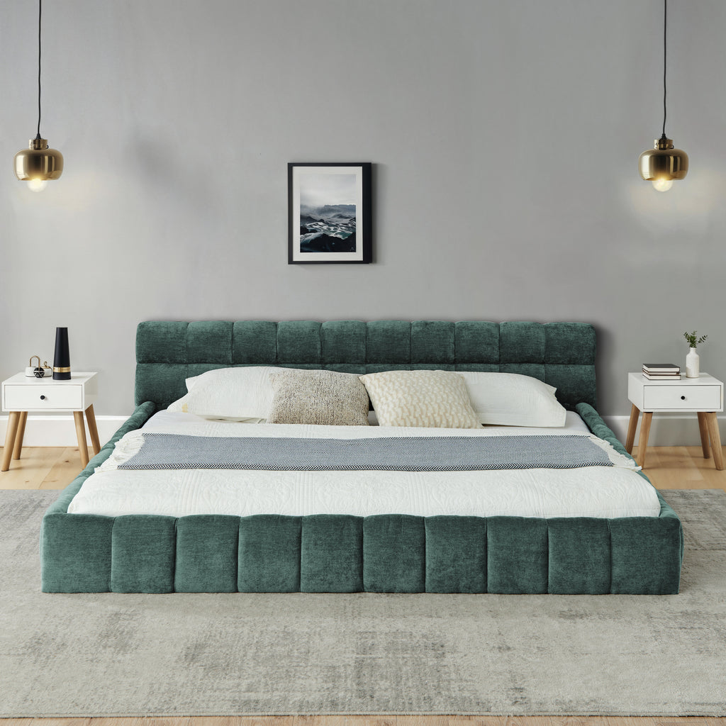 California King size Upholstered Bed Frame with Thick Fabric, Chenille Fabric Grounded Queen Size Platform Bed with Headboard and Solid Frame. No Box Spring Needed-Blue Green-(90.5''*80.5''*31'')