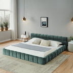 California King size Upholstered Bed Frame with Thick Fabric, Chenille Fabric Grounded Queen Size Platform Bed with Headboard and Solid Frame. No Box Spring Needed-Blue Green-(90.5''*80.5''*31'')