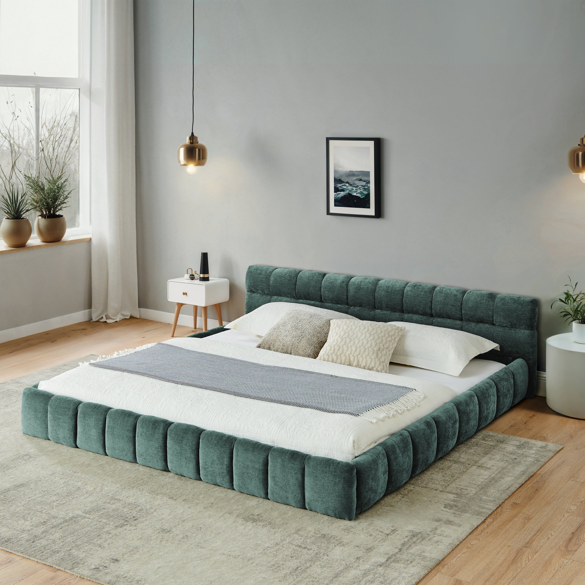 California King size Upholstered Bed Frame with Thick Fabric, Chenille Fabric Grounded Queen Size Platform Bed with Headboard and Solid Frame. No Box Spring Needed-Blue Green-(90.5''*80.5''*31'')